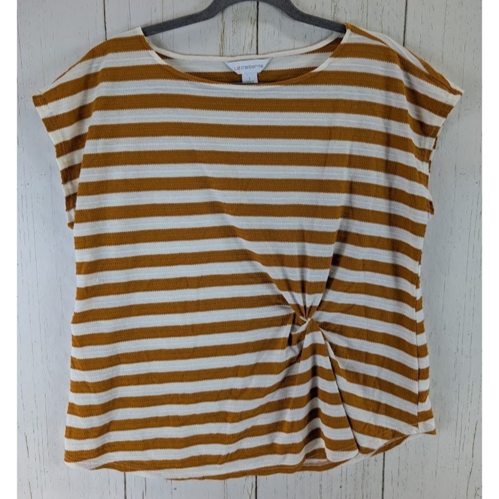 Liz Claiborne Size Large Brown White Textured Front Twist Cap Sleeve Womens Top